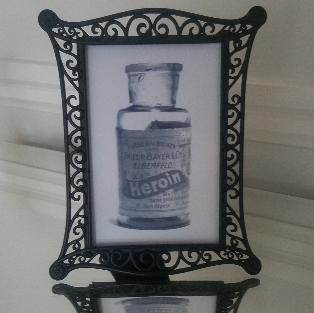 Black Ornate Frame with Vintage "Medicine" Big Pharma Bottle Photo